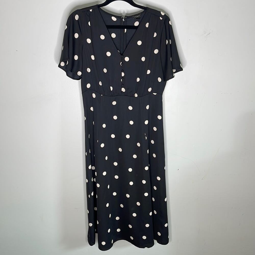 ANN TAYLOR Black Polka Dot Flutter Sleeve Midi / Maci A Line Dress Size 4